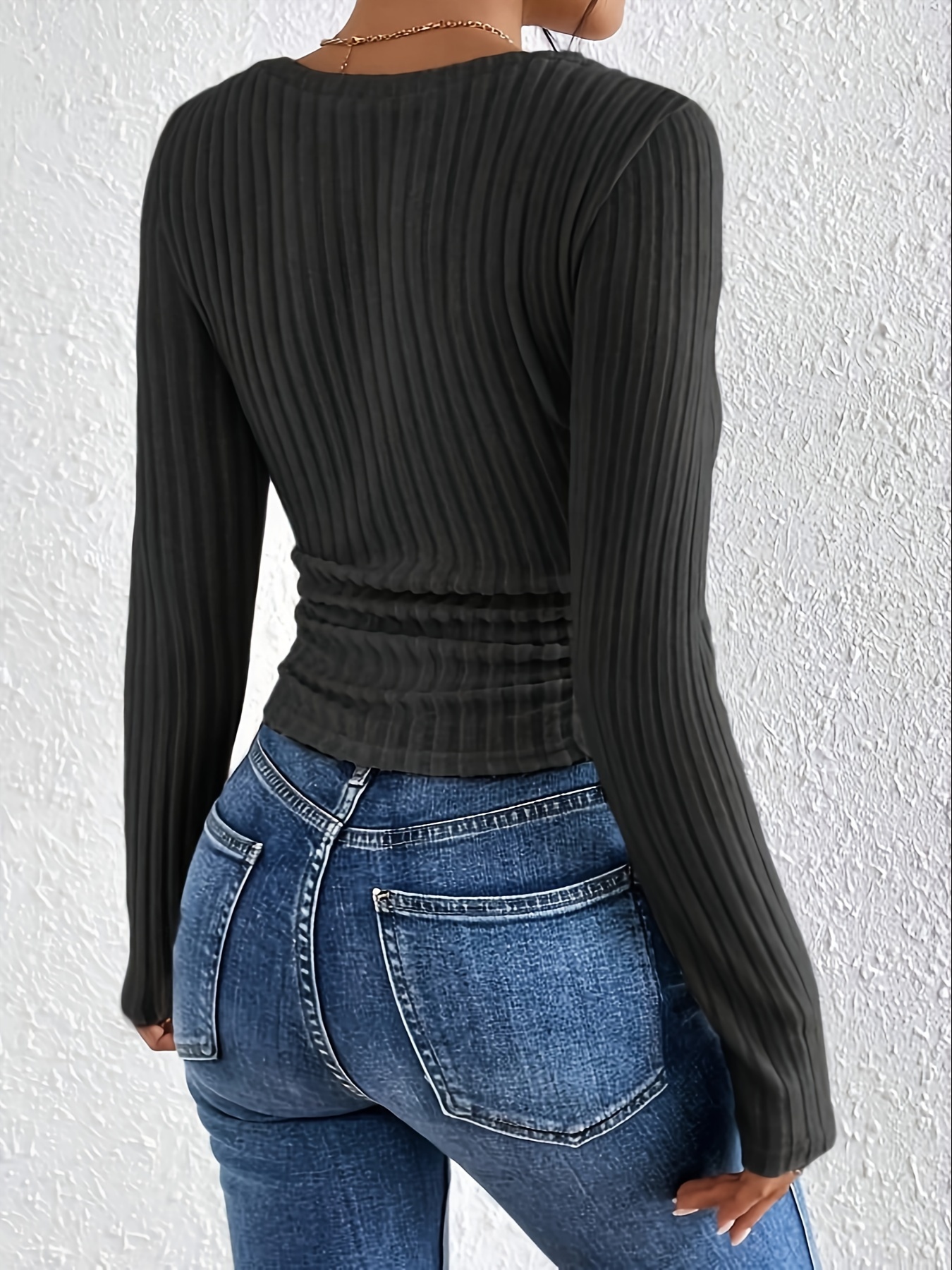 ribbed v neck t shirt casual long sleeve top for spring fall womens clothing details 3