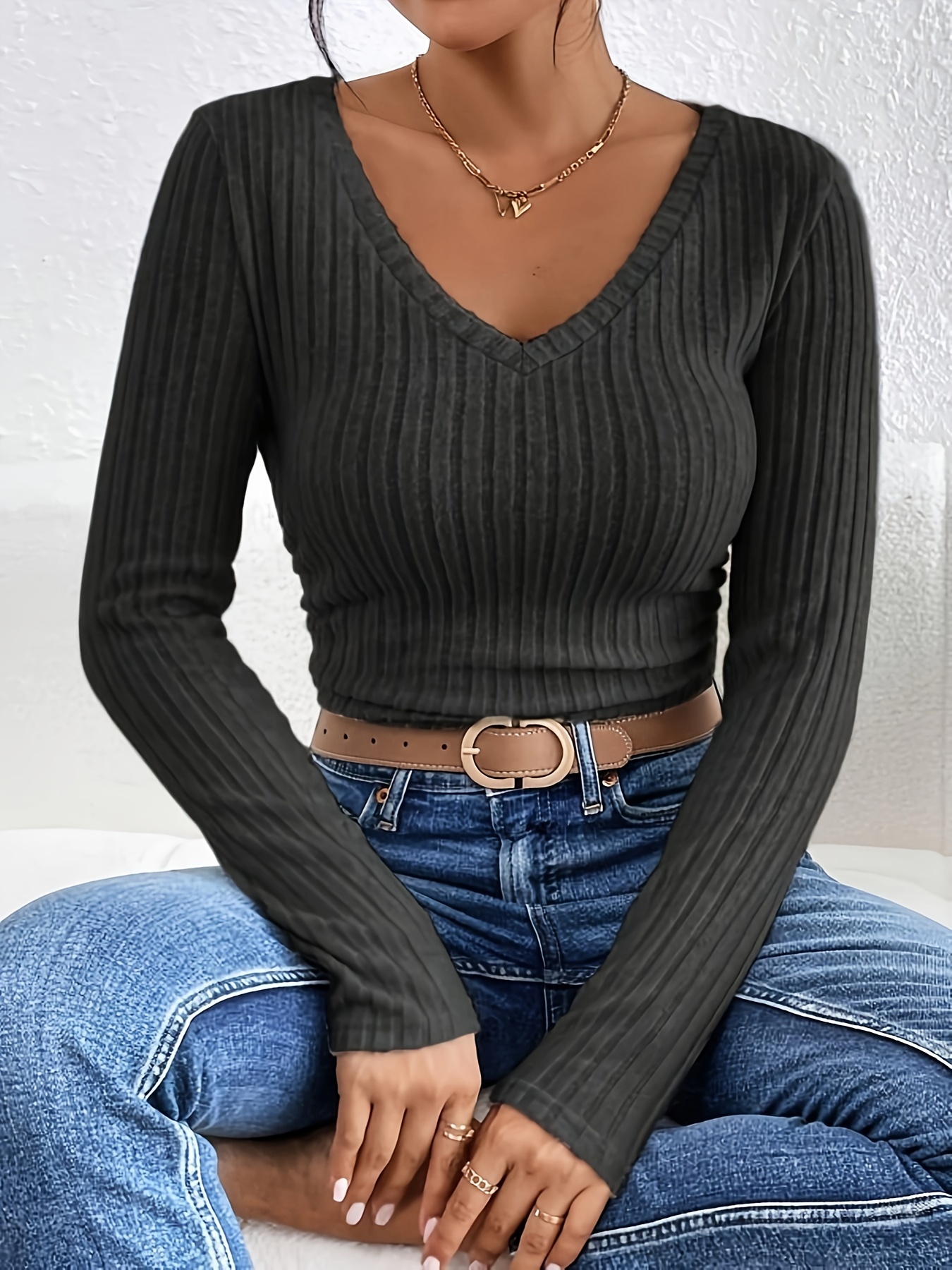 ribbed v neck t shirt casual long sleeve top for spring fall womens clothing details 5