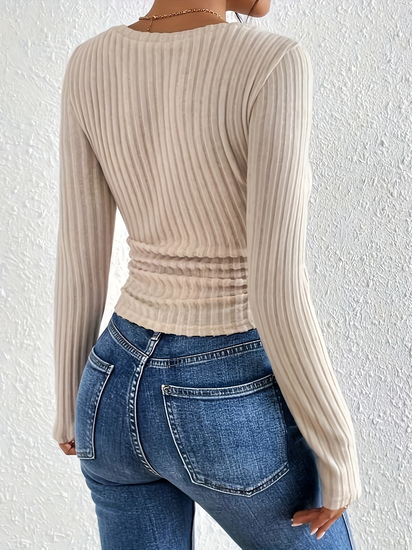 ribbed v neck t shirt casual long sleeve top for spring fall womens clothing details 10