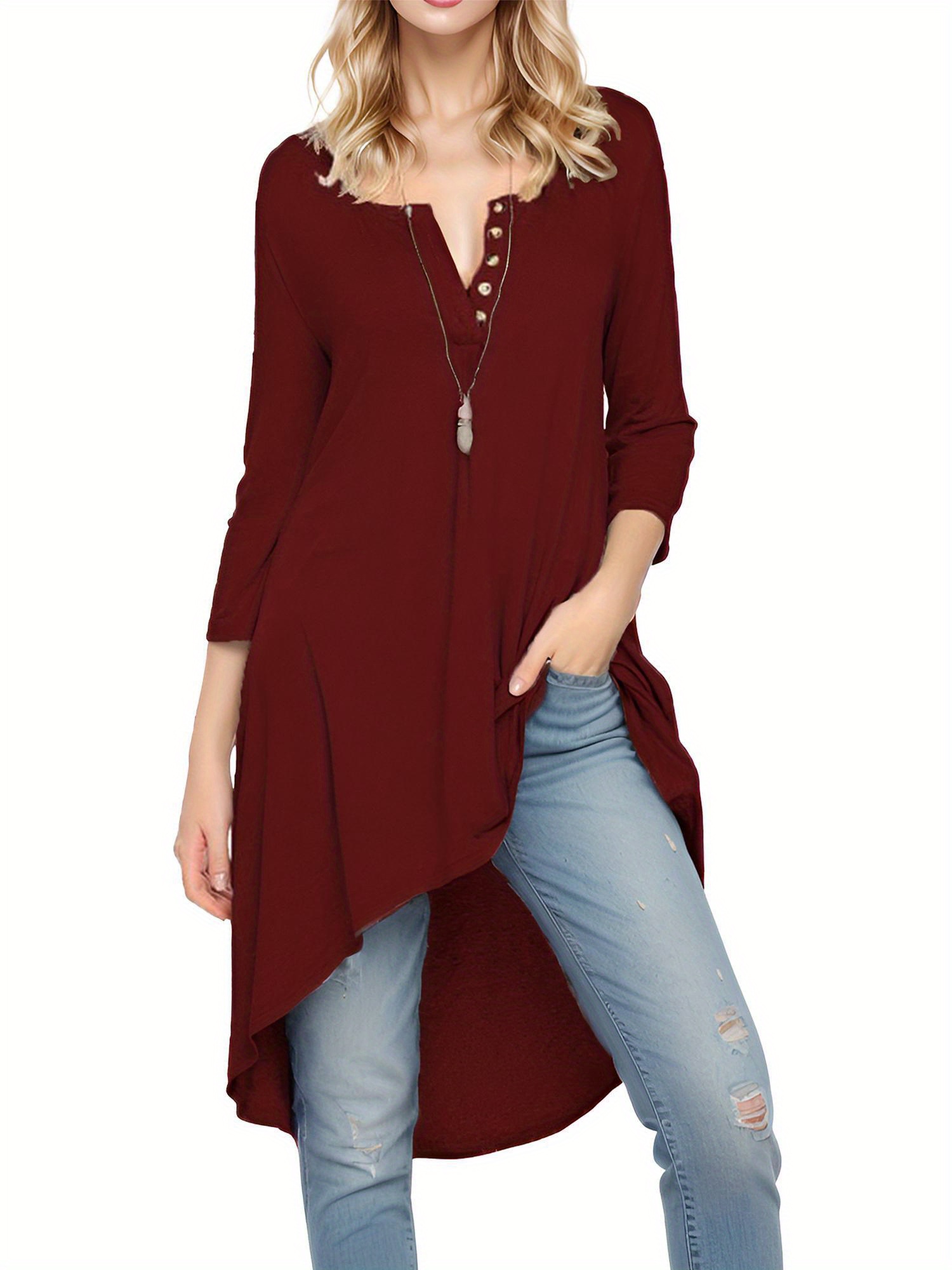 tooluck womens 3 4 sleeve button v neck irregular hem loose fit casual long tops t shirts details 5