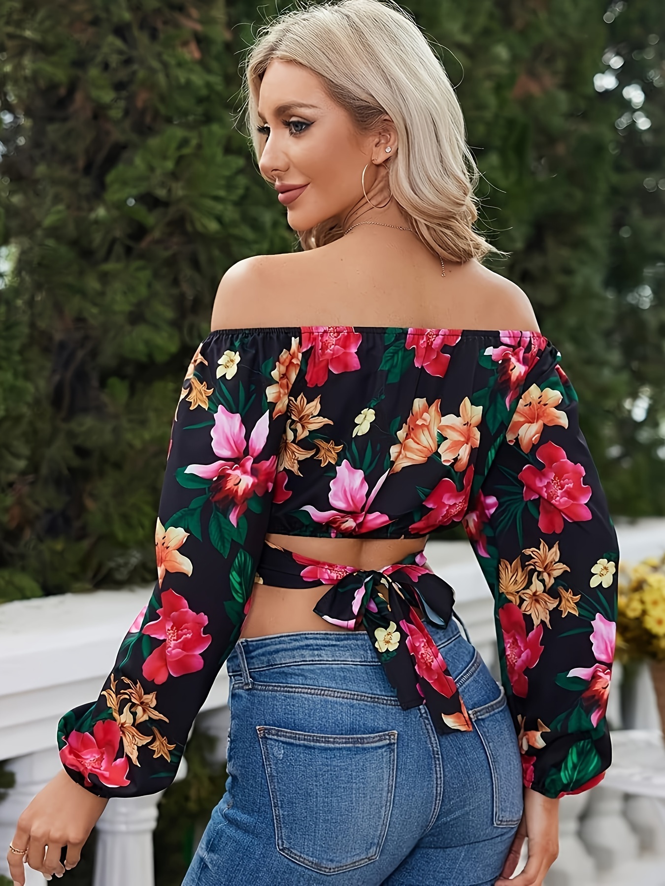 woman off shoulder ruched tie back crop top summer lantern sleeve boho shirt blouse details 0