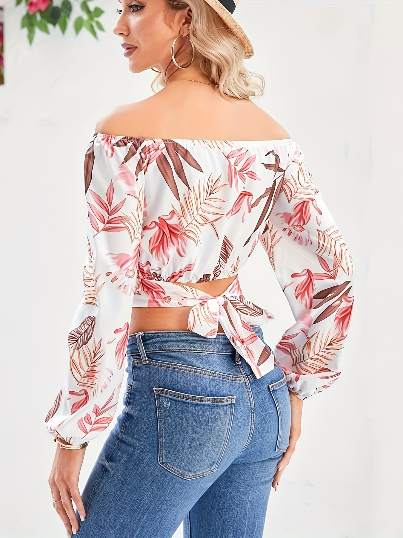 woman off shoulder ruched tie back crop top summer lantern sleeve boho shirt blouse details 6