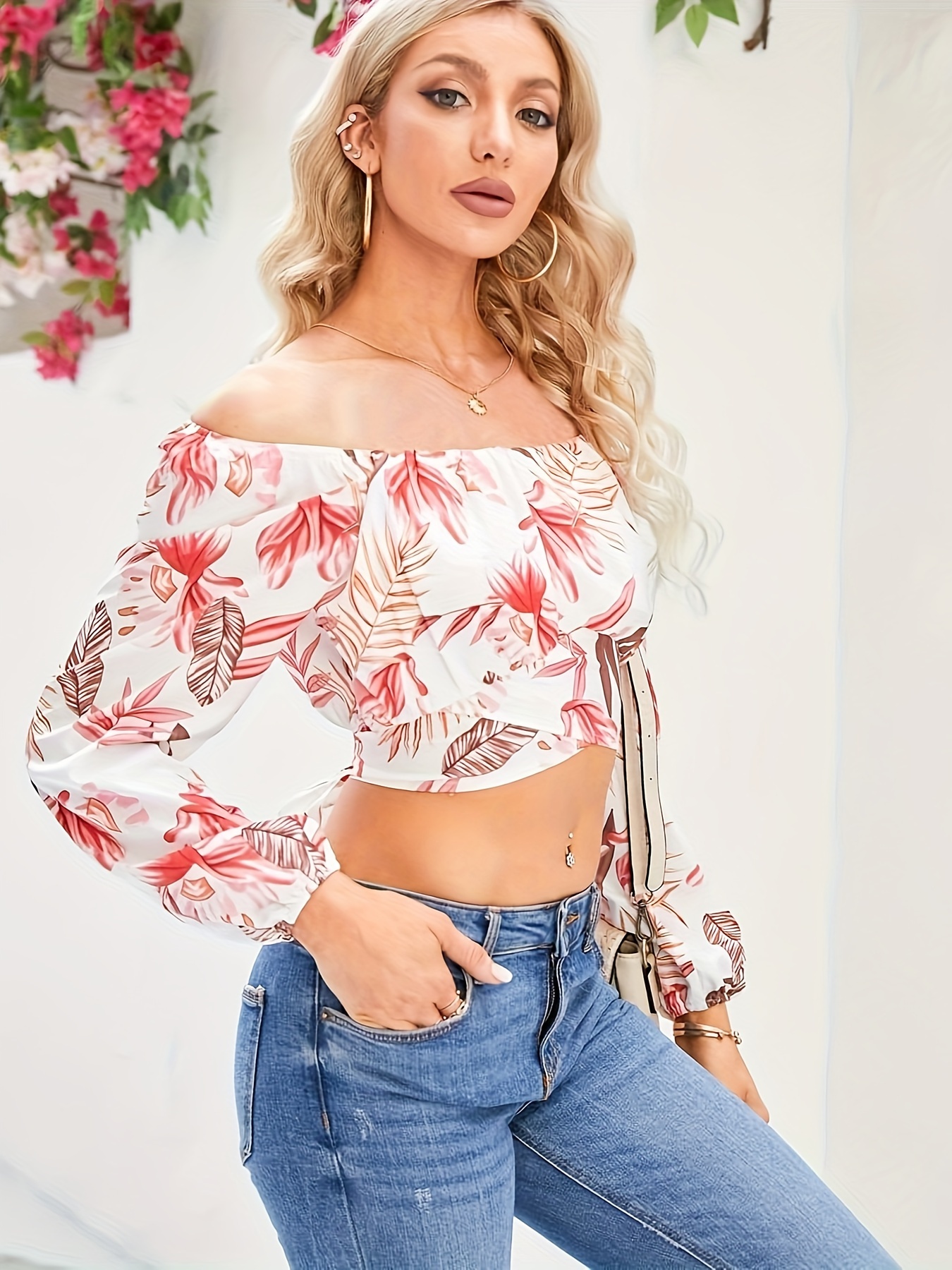 woman off shoulder ruched tie back crop top summer lantern sleeve boho shirt blouse details 8