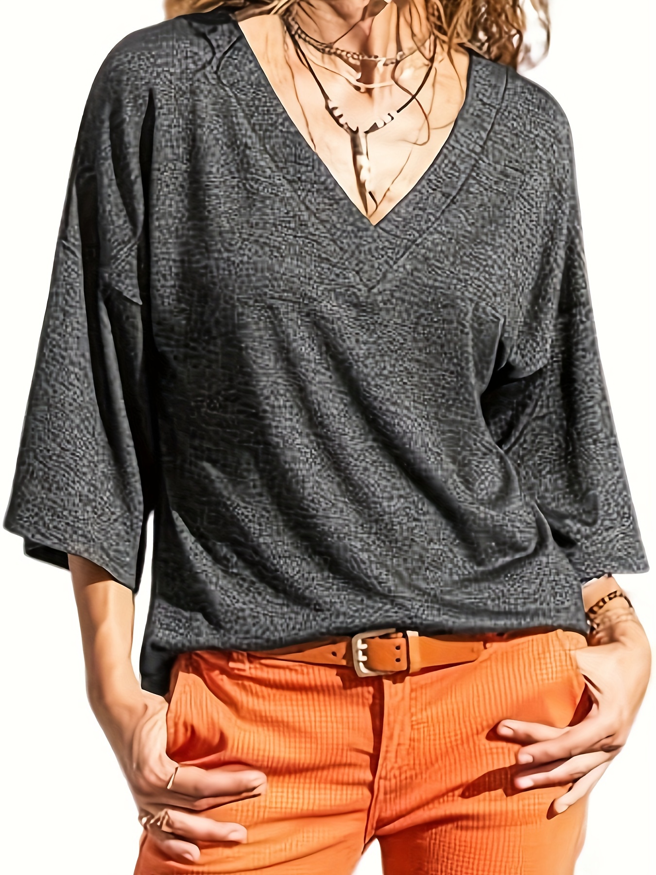 womens three quarter sleeve t shirt summer v neck top vintage cotton basic t shirt details 2