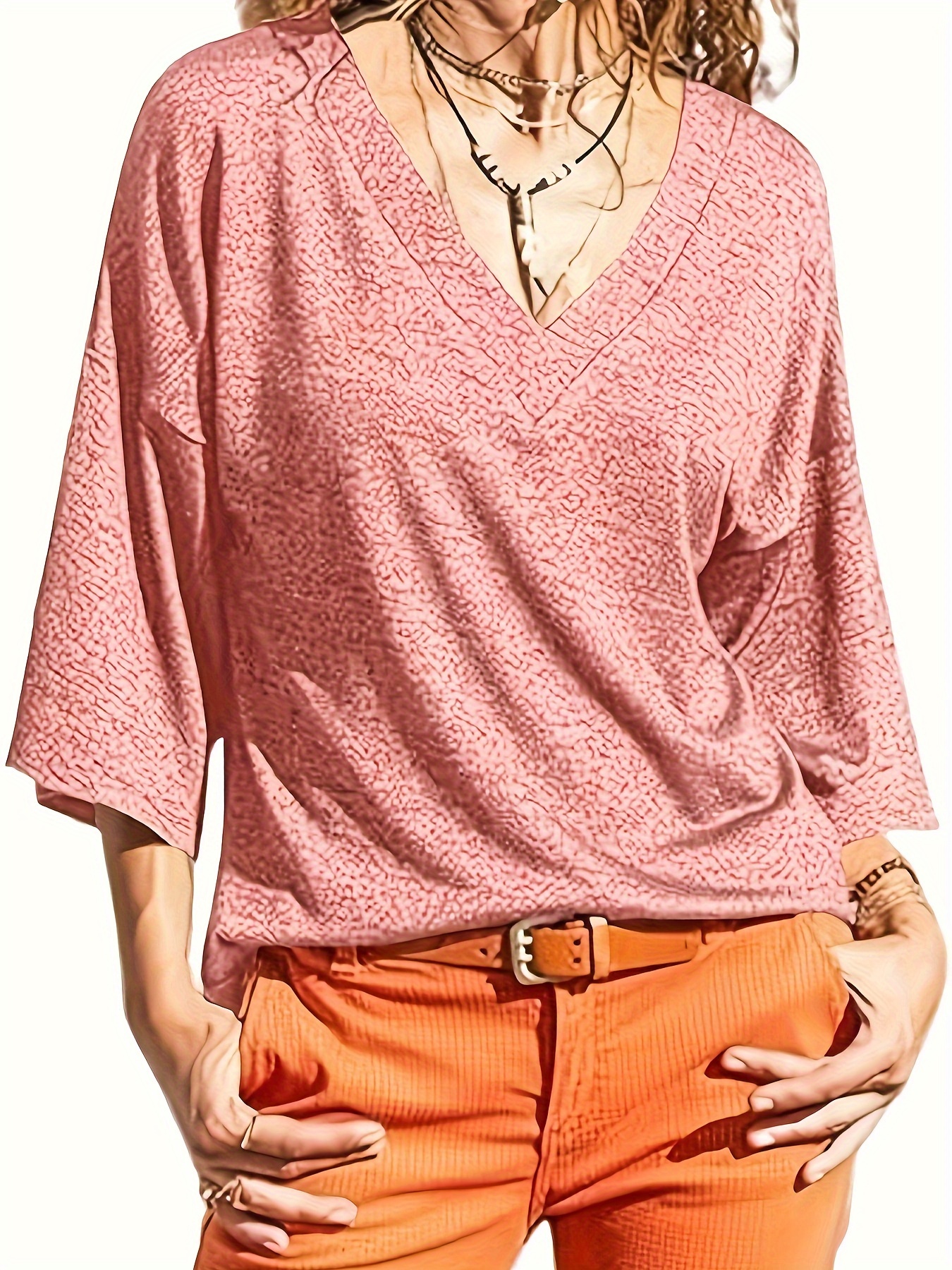 womens three quarter sleeve t shirt summer v neck top vintage cotton basic t shirt details 3