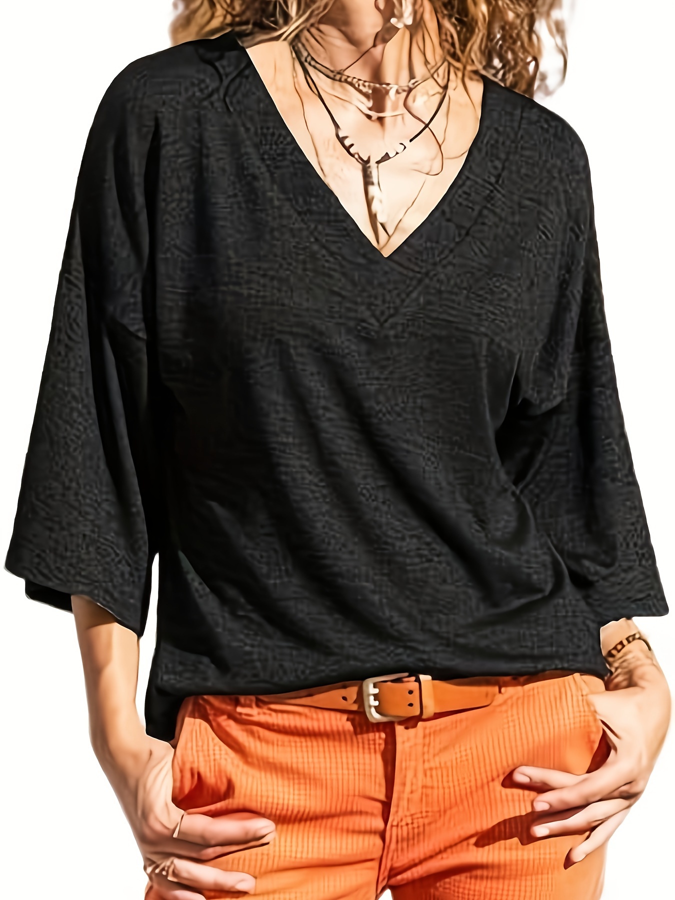 womens three quarter sleeve t shirt summer v neck top vintage cotton basic t shirt details 6