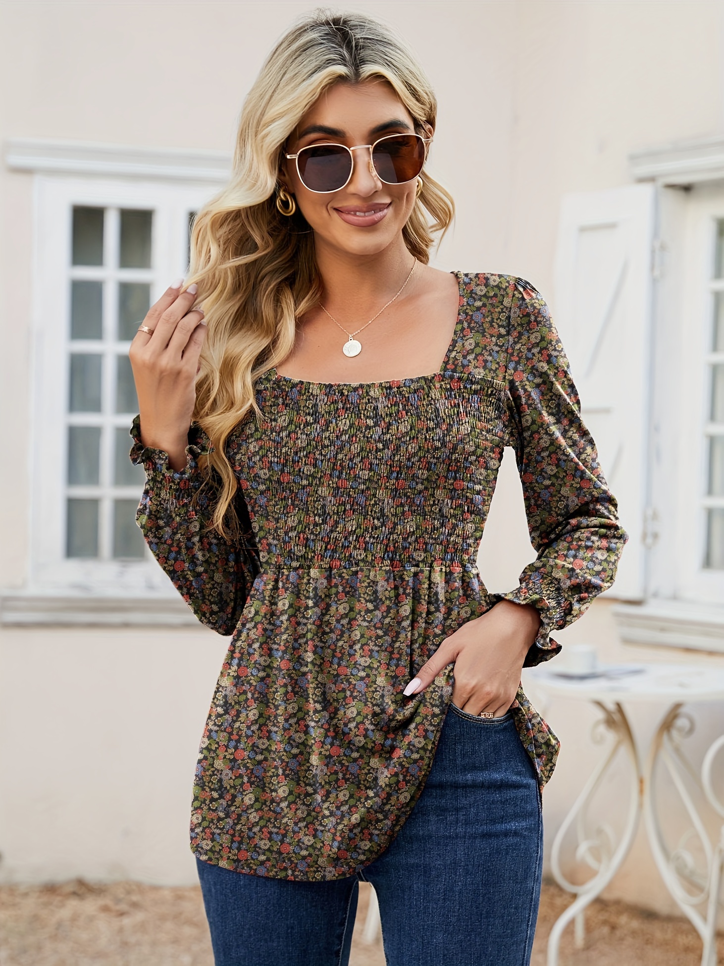 blouses for women puff long sleeve shirts square neck casual smocked tunic tops 2024 spring fall winter clothes s xl details 10