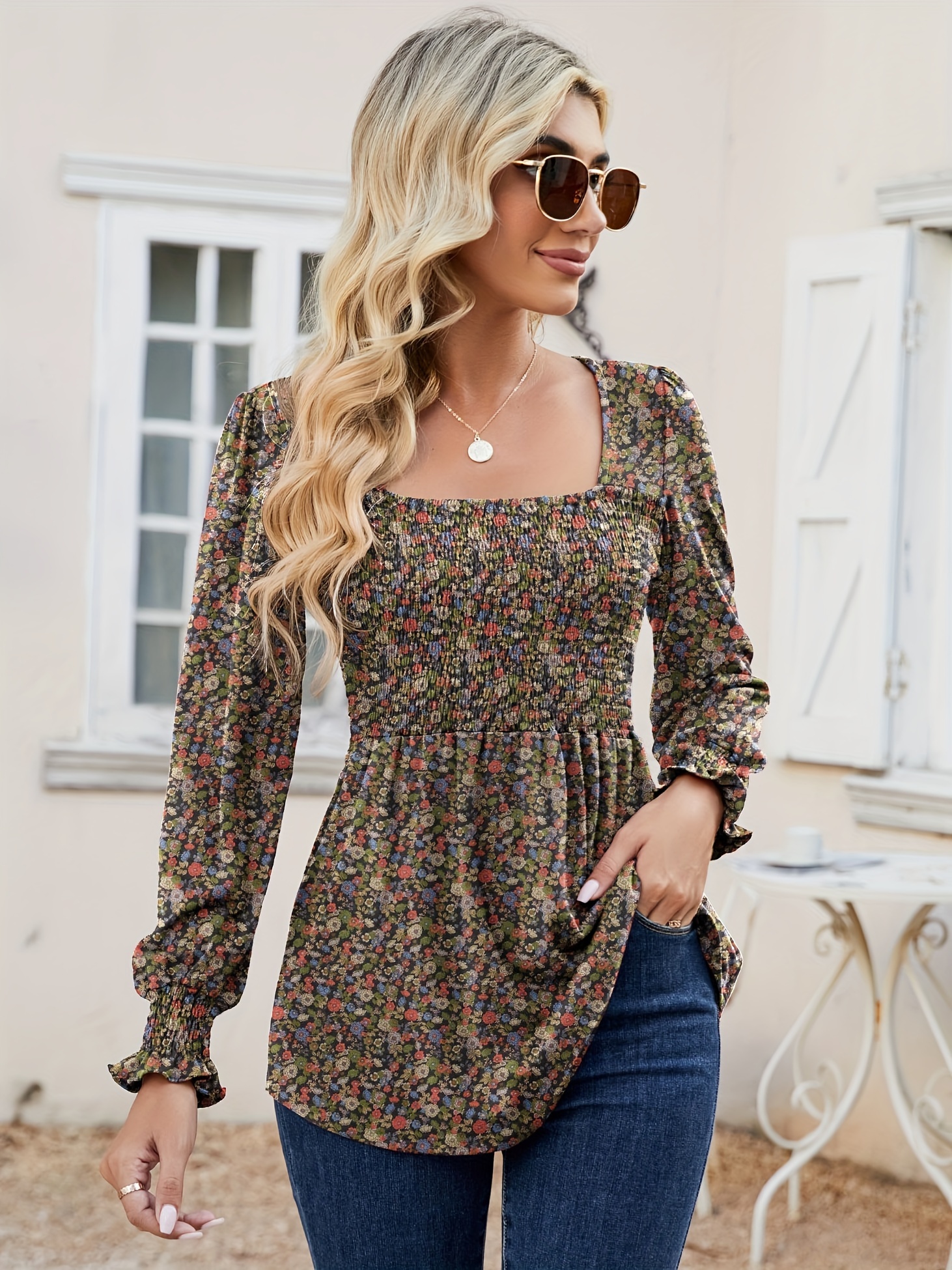 blouses for women puff long sleeve shirts square neck casual smocked tunic tops 2024 spring fall winter clothes s xl details 12