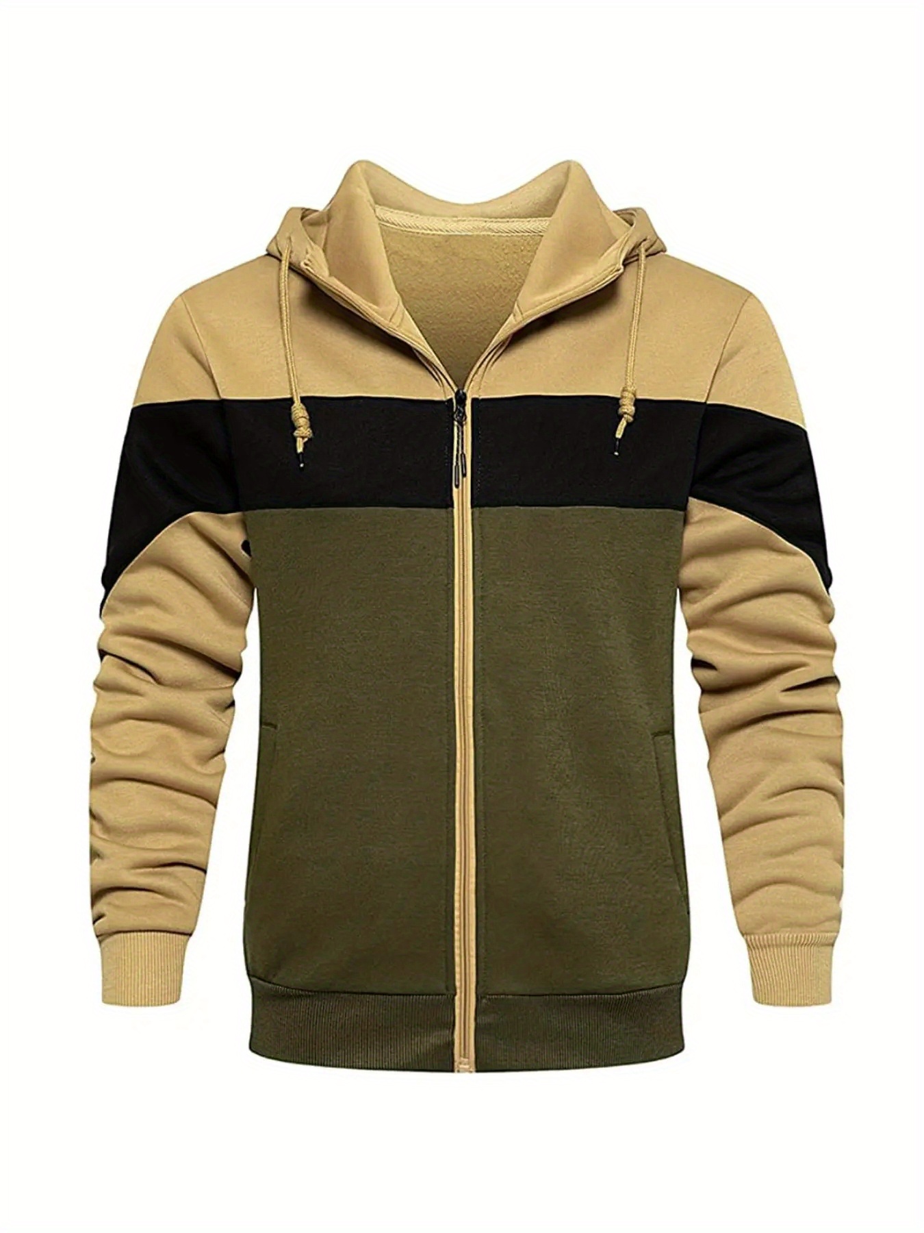 plus size mens casual zipper hooded sweatshirt drawstring warm fleece color block long sleeve jacket details 0