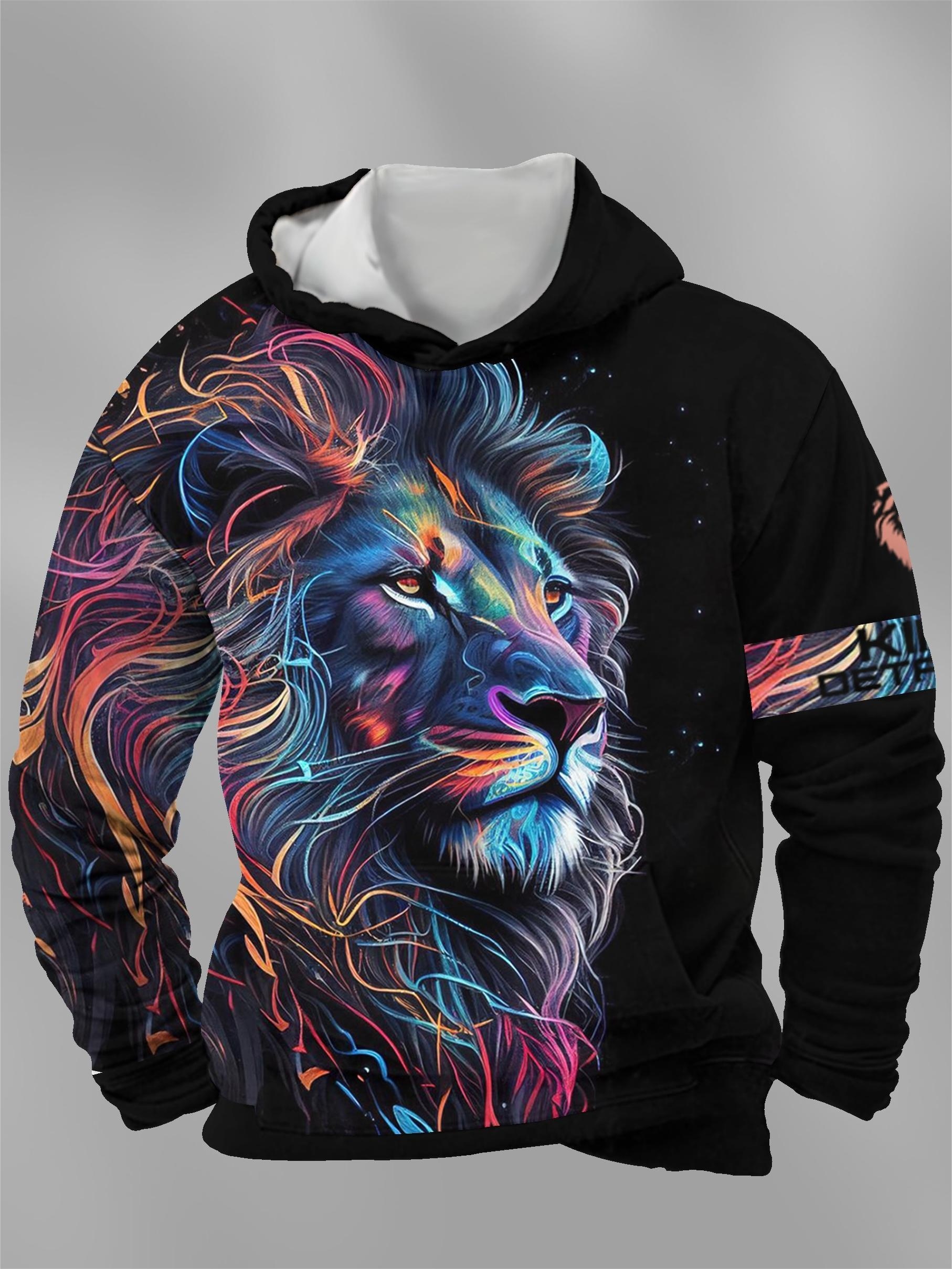 plus size mens 3d colorful lion graphic print hooded sweatshirt fashion causal hoodies for fall winter mens clothing details 0