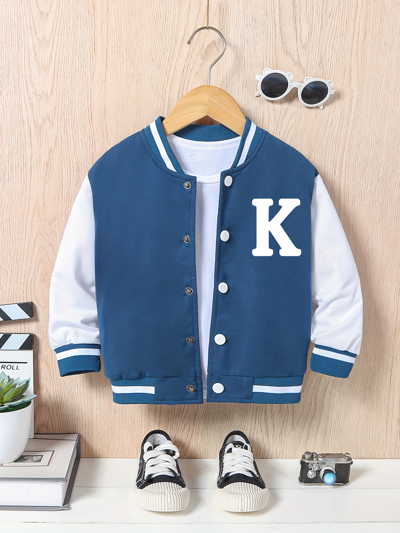 letter k print varsity jacket for kids casual bomber jacket button front long sleeve coat boys clothes for spring fall outdoor details 0