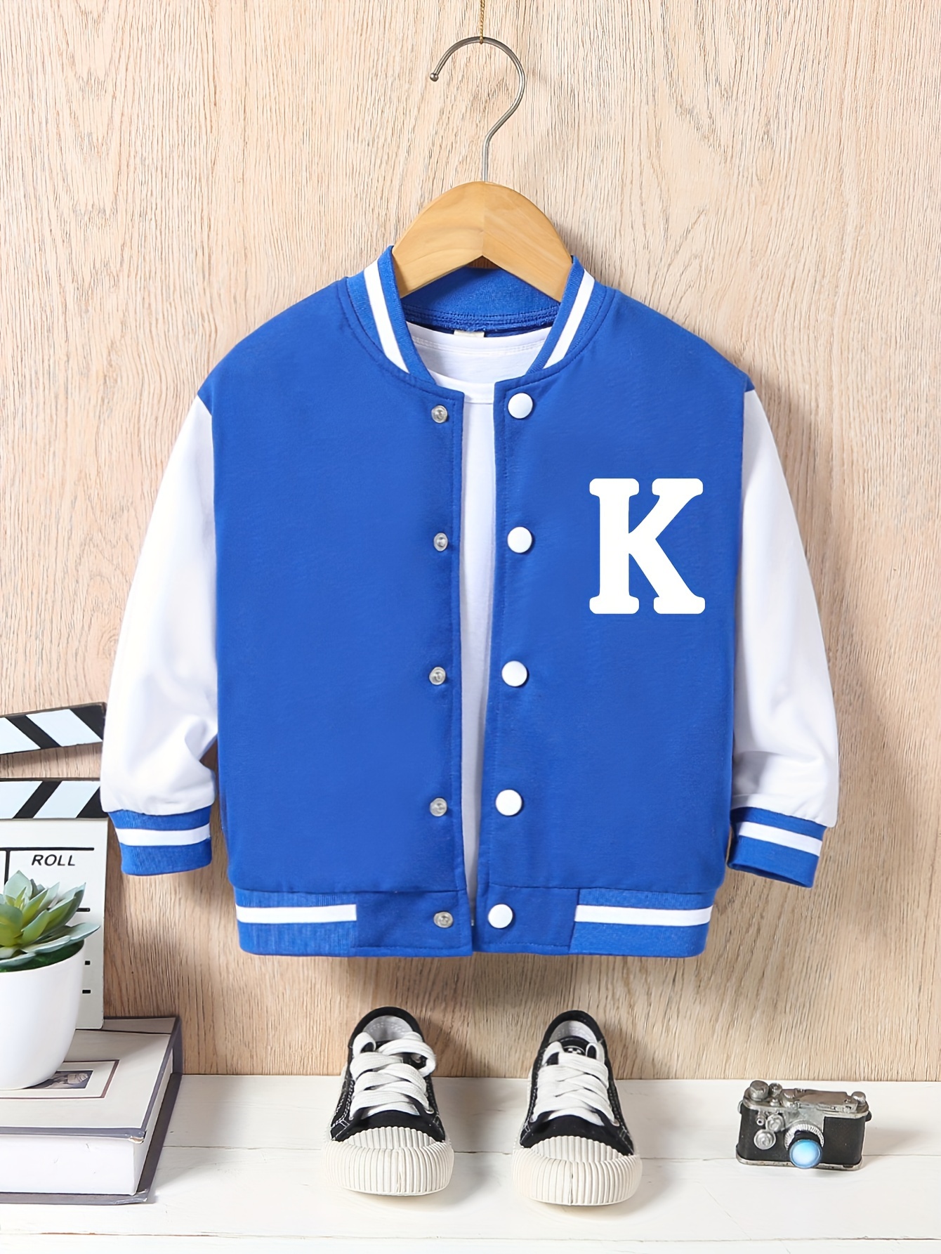 letter k print varsity jacket for kids casual bomber jacket button front long sleeve coat boys clothes for spring fall outdoor details 5