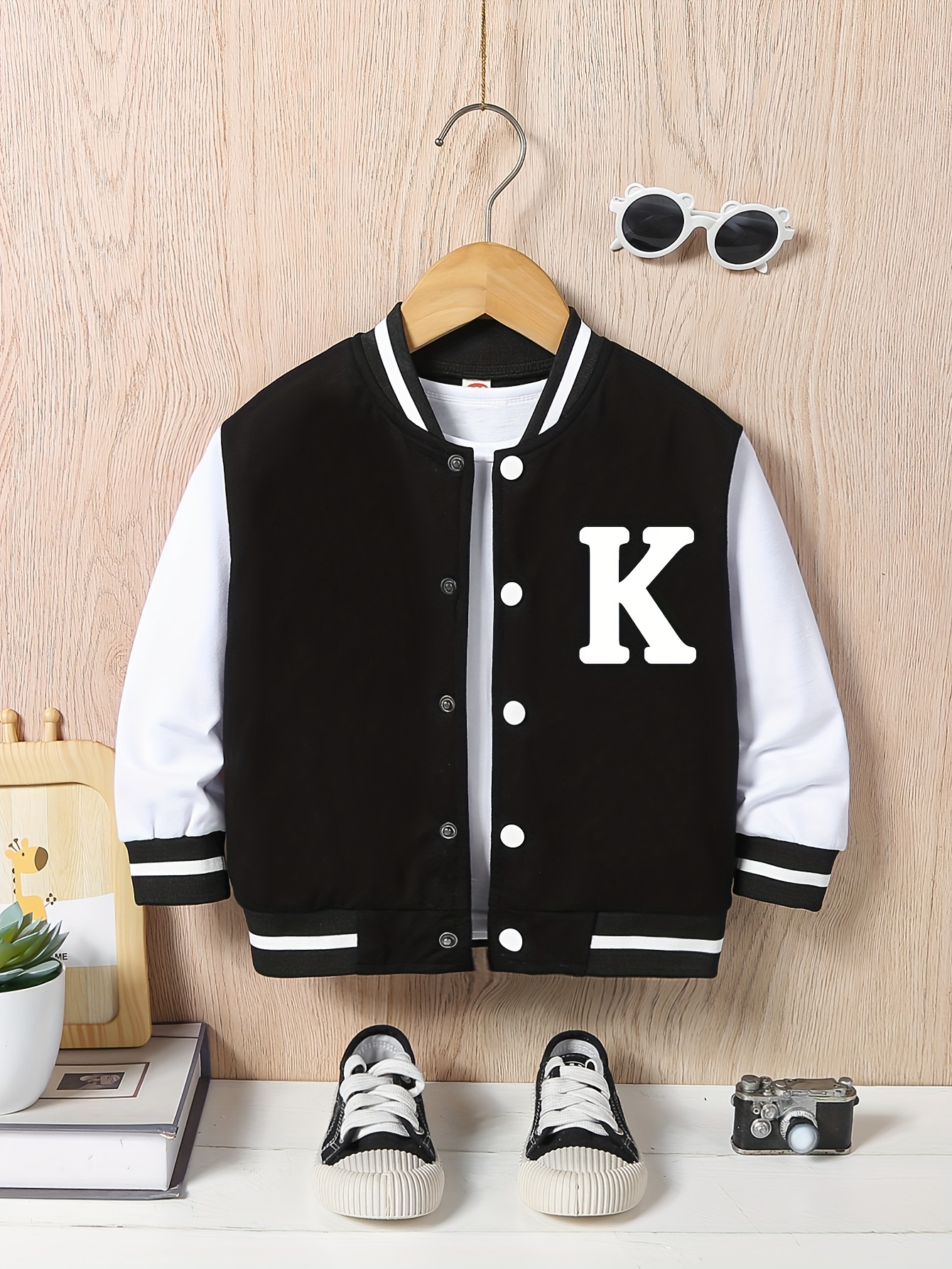 letter k print varsity jacket for kids casual bomber jacket button front long sleeve coat boys clothes for spring fall outdoor details 11