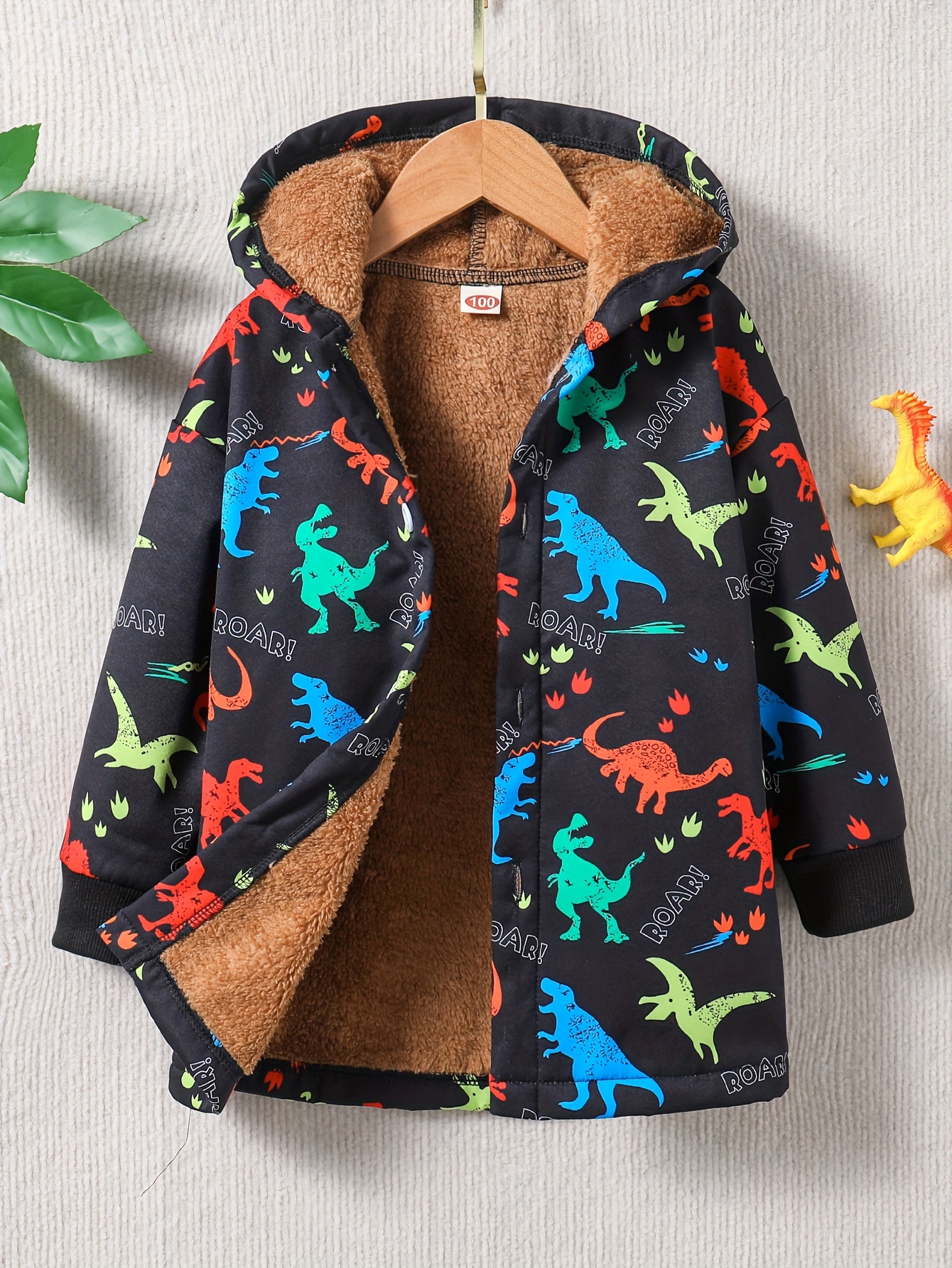 boys cool colorful dinosaur print warm hooded jacket zip up coat boys clothes for winter outdoor as gift details 0