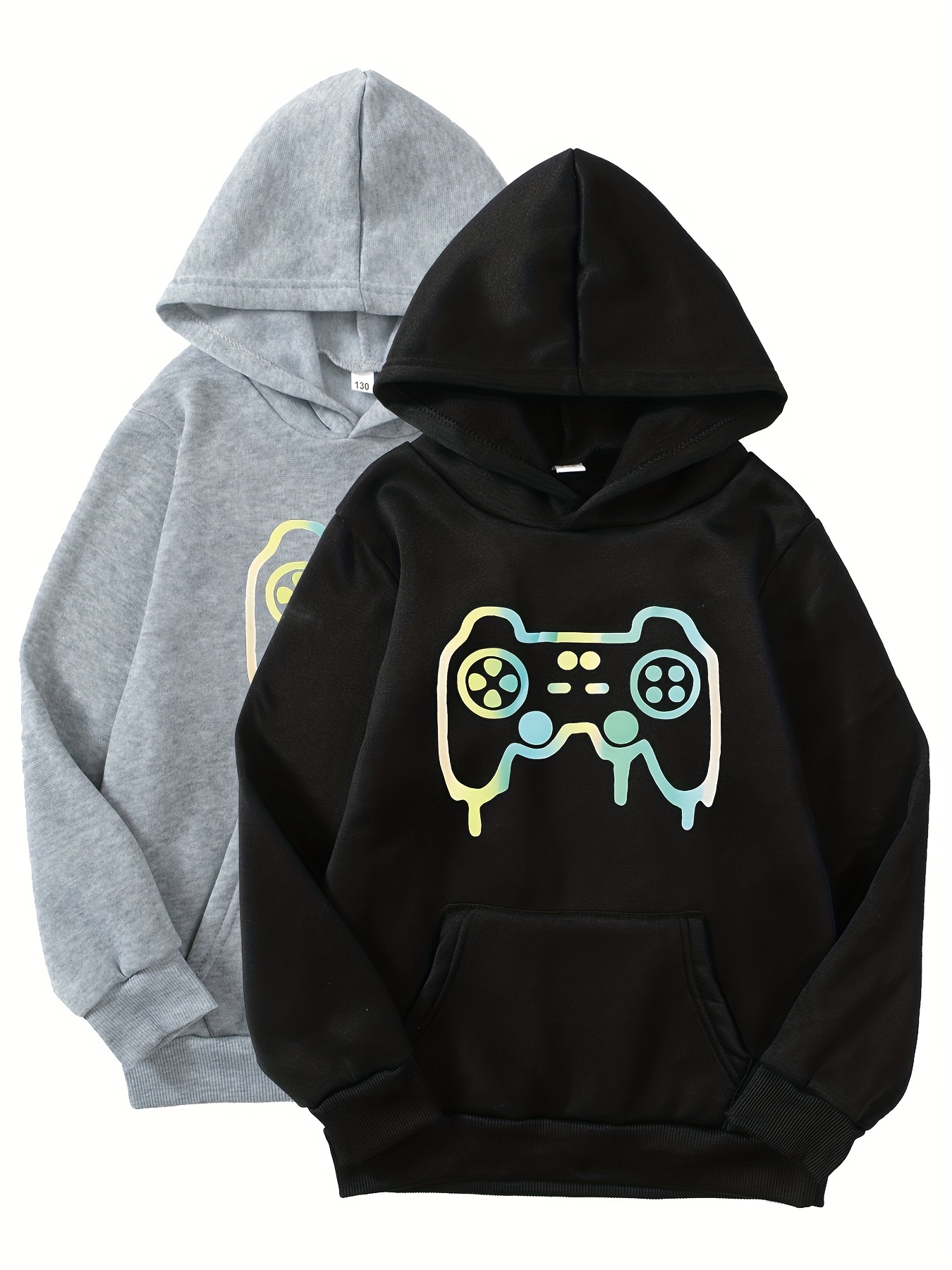 2pcs gamepad print boys casual pullover hooded long sleeve sweatshirt for spring fall kids hoodie tops outdoor details 0