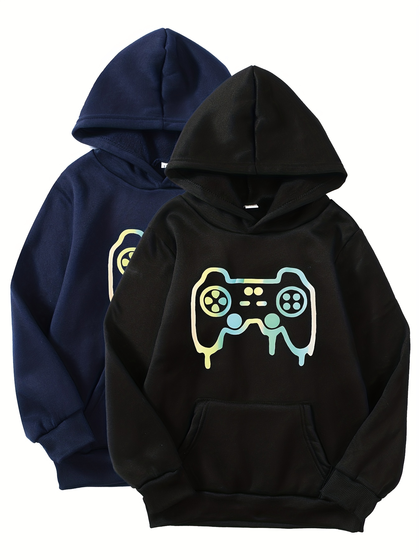 2pcs gamepad print boys casual pullover hooded long sleeve sweatshirt for spring fall kids hoodie tops outdoor details 2