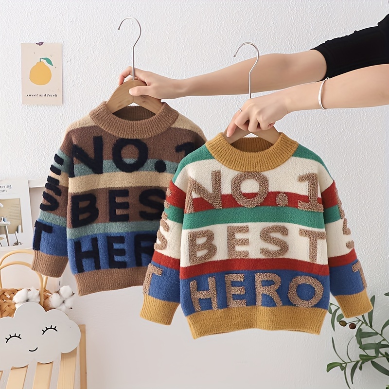 boys knit pullover sweater with letter embroidery colorful striped long sleeve crew neck top for fall winter details 0