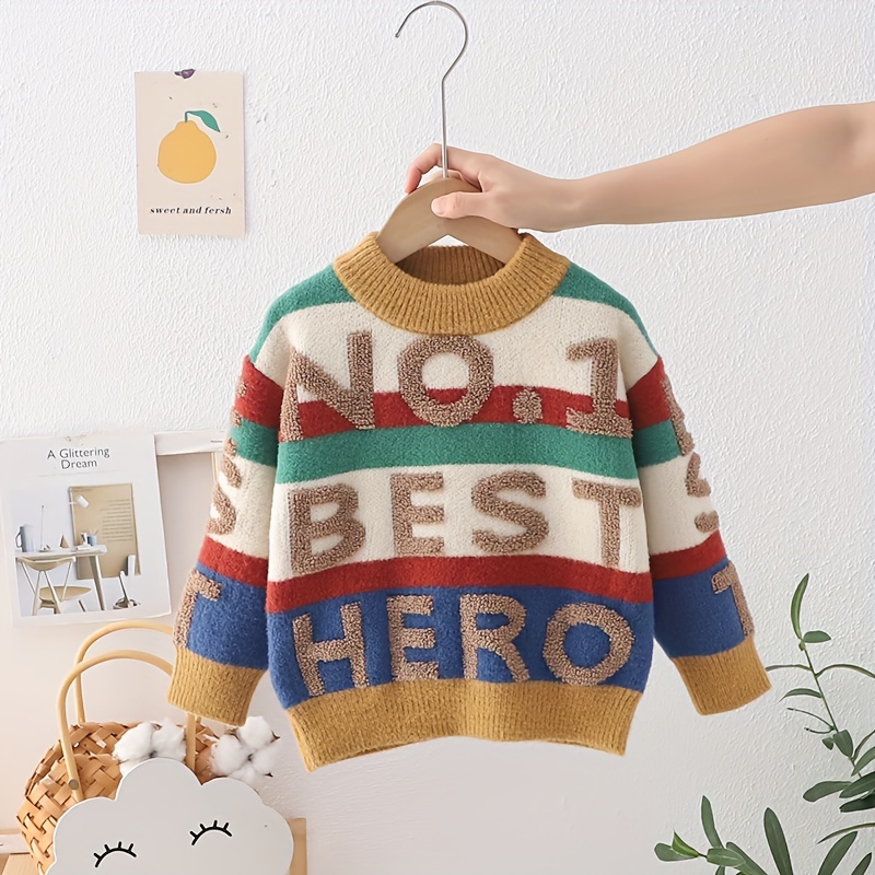 boys knit pullover sweater with letter embroidery colorful striped long sleeve crew neck top for fall winter details 1