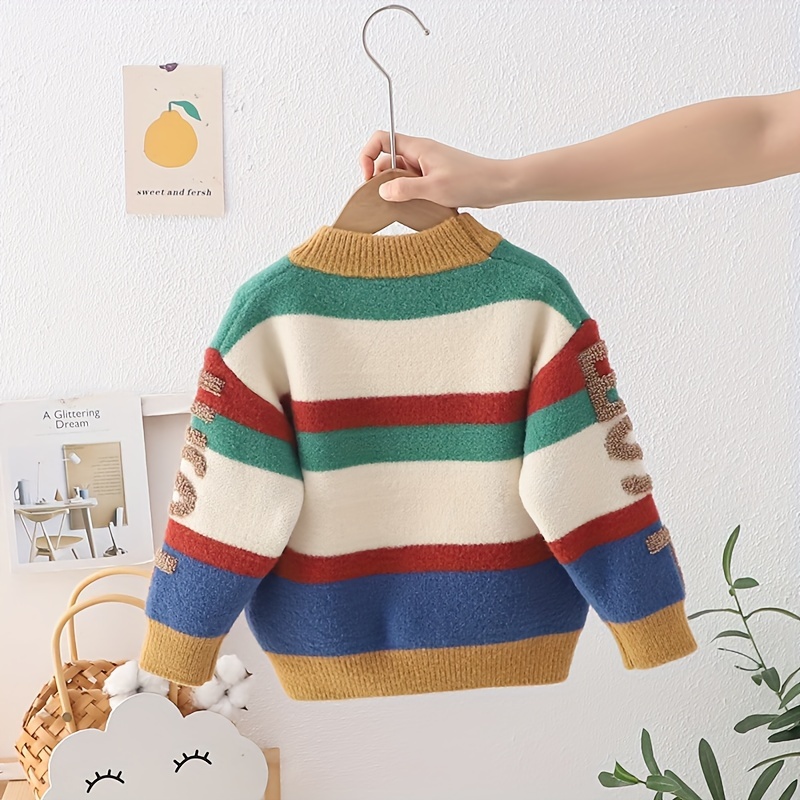 boys knit pullover sweater with letter embroidery colorful striped long sleeve crew neck top for fall winter details 2