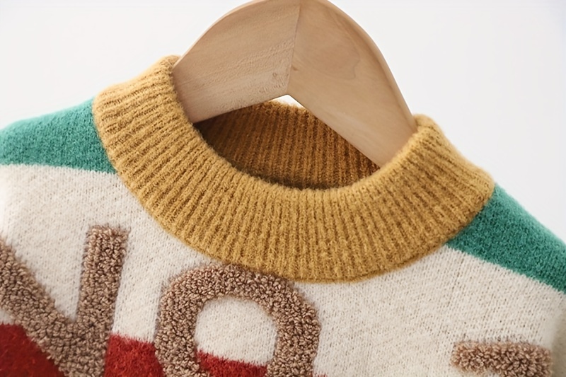 boys knit pullover sweater with letter embroidery colorful striped long sleeve crew neck top for fall winter details 3