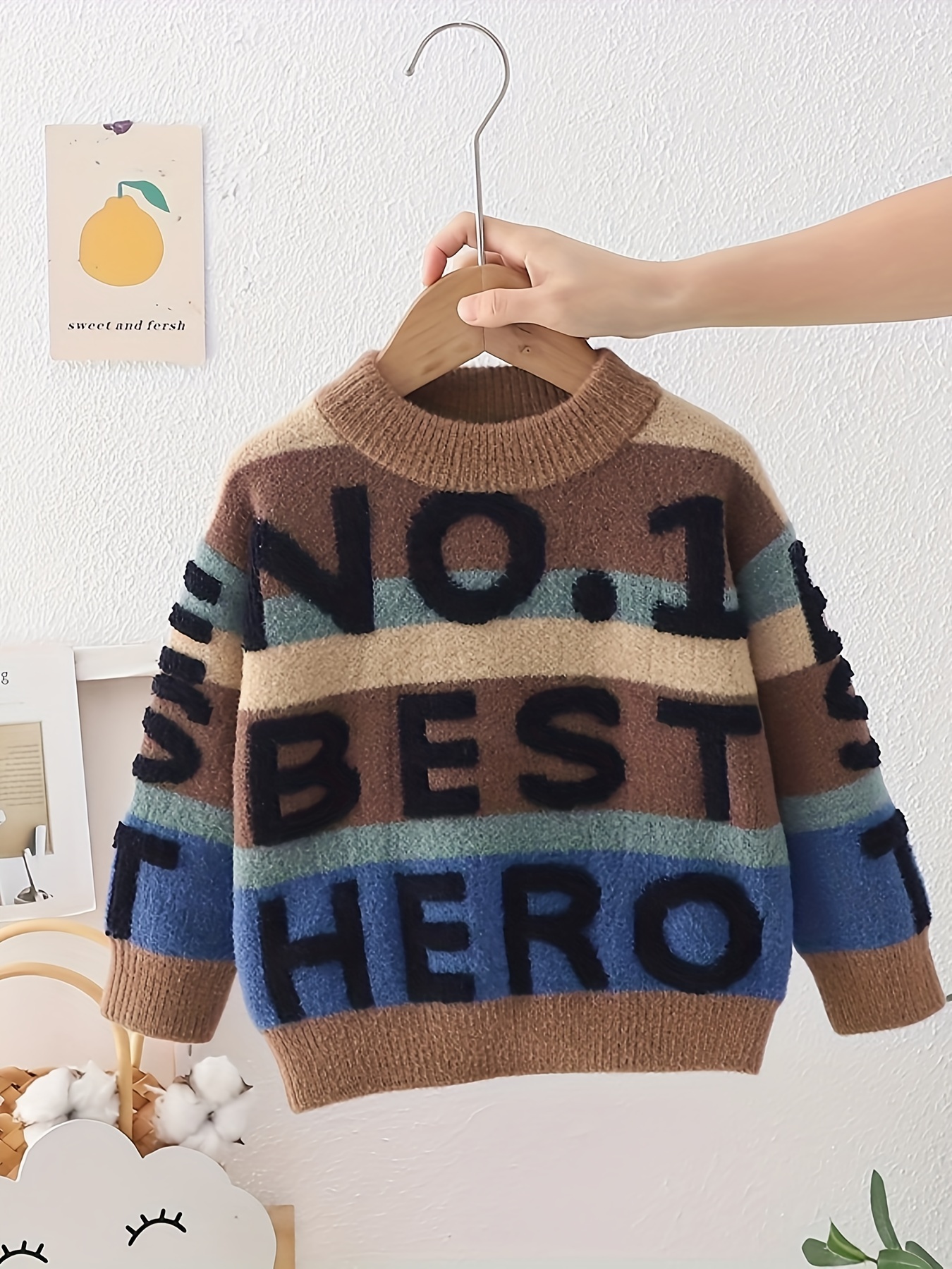 boys knit pullover sweater with letter embroidery colorful striped long sleeve crew neck top for fall winter details 6