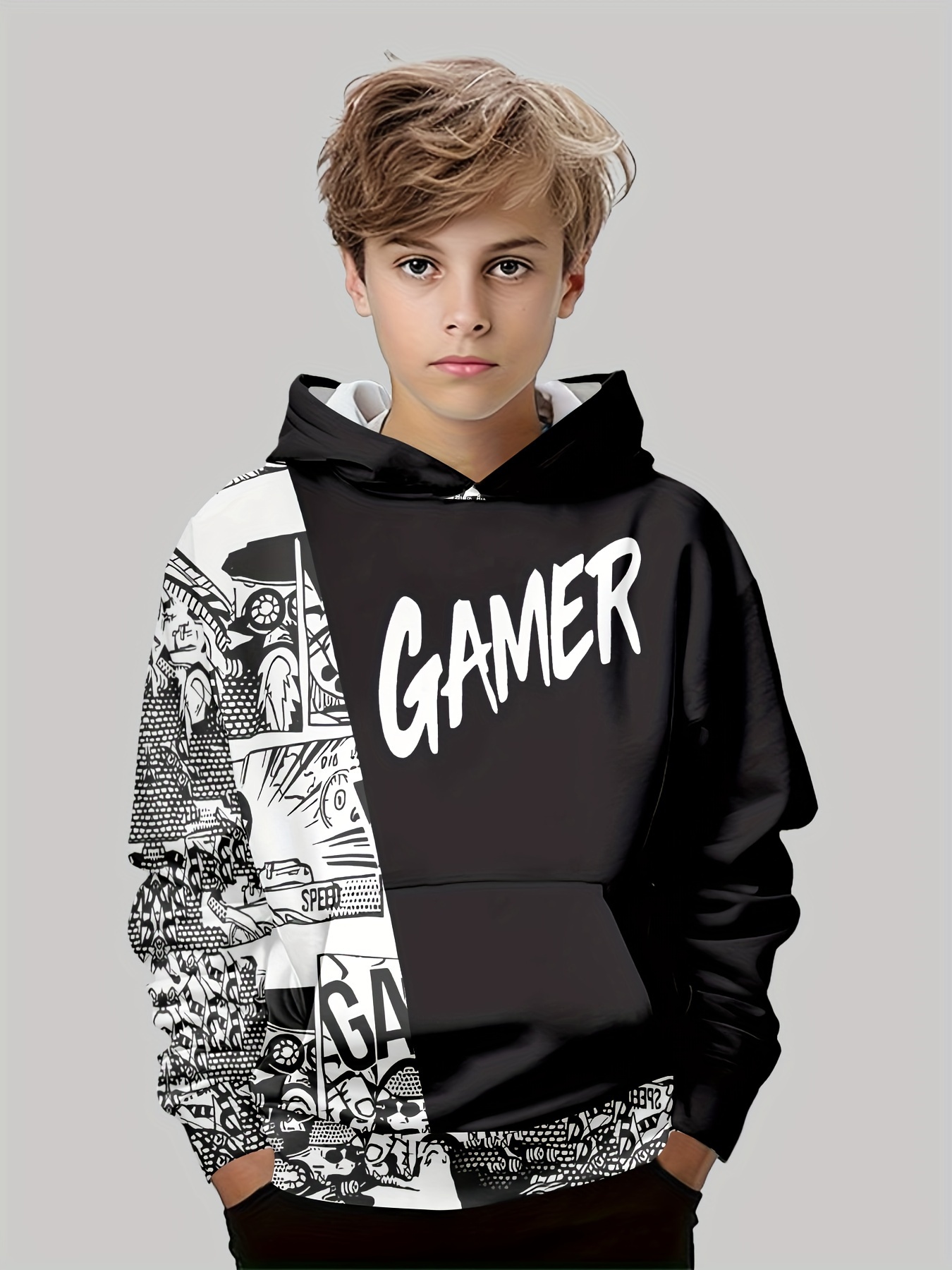 cartoon cool gamer letter 3d print boys colorblock long sleeve hoodie stay stylish and cozy sweatshirt perfect spring fall essential for your fashionista details 0