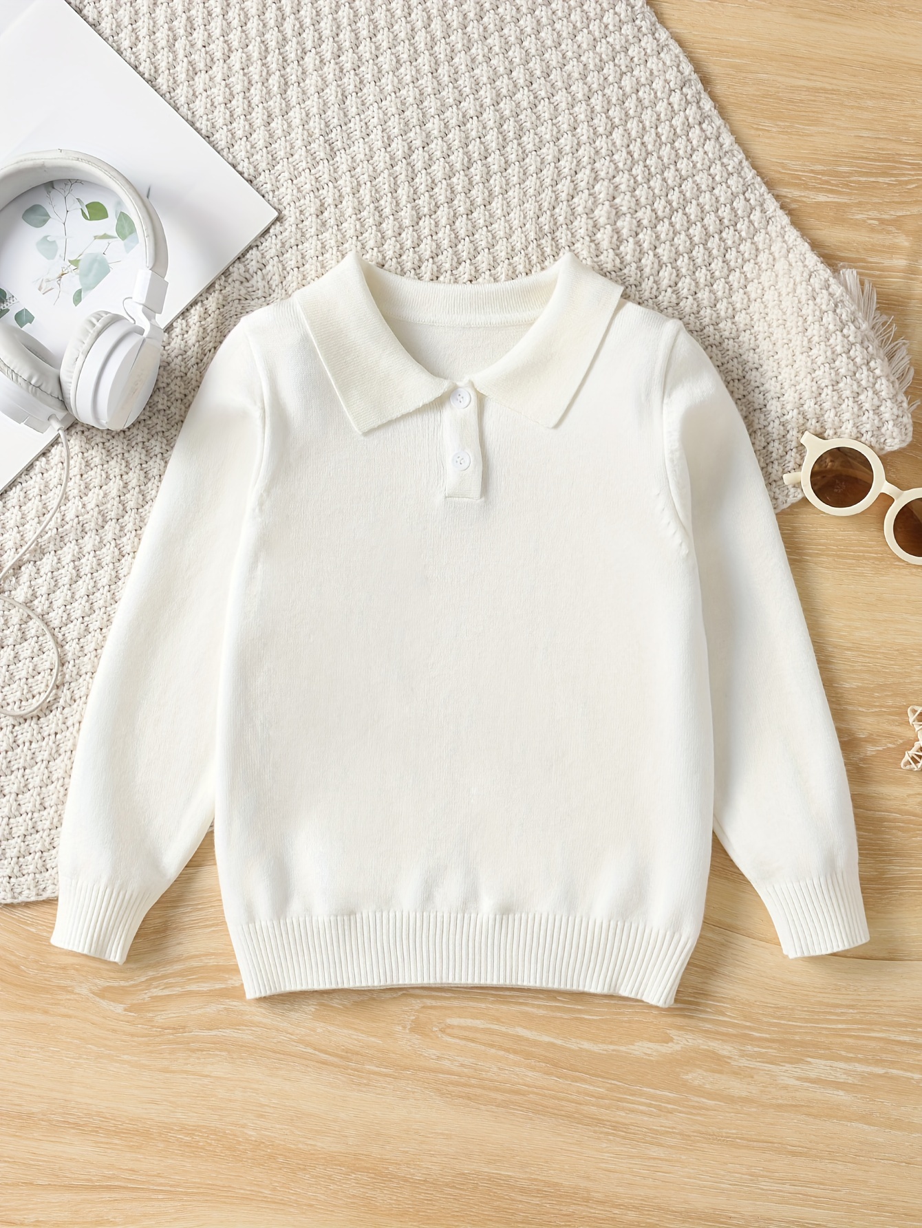 Boys Casual Simple Solid Color Lapel Knit Pullover Sweater, Long Sleeve Button Closure Knit Top details 0