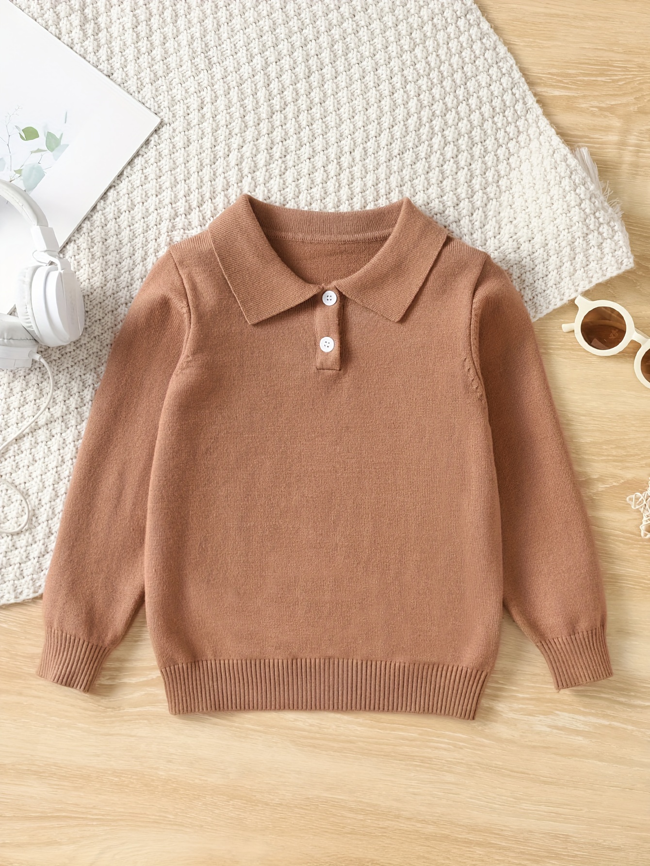 Boys Casual Simple Solid Color Lapel Knit Pullover Sweater, Long Sleeve Button Closure Knit Top details 13