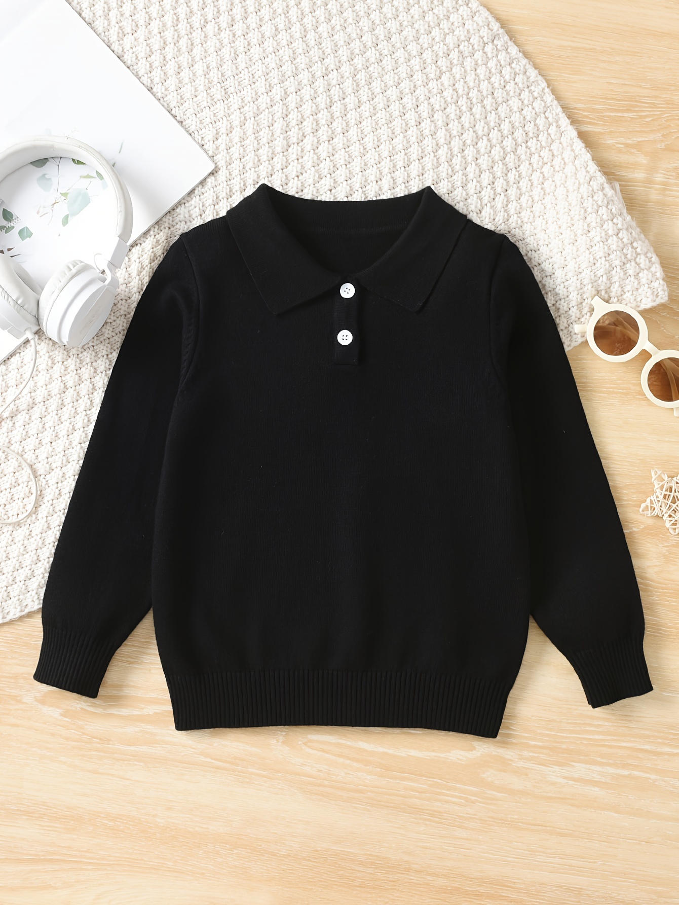 Boys Casual Simple Solid Color Lapel Knit Pullover Sweater, Long Sleeve Button Closure Knit Top details 24