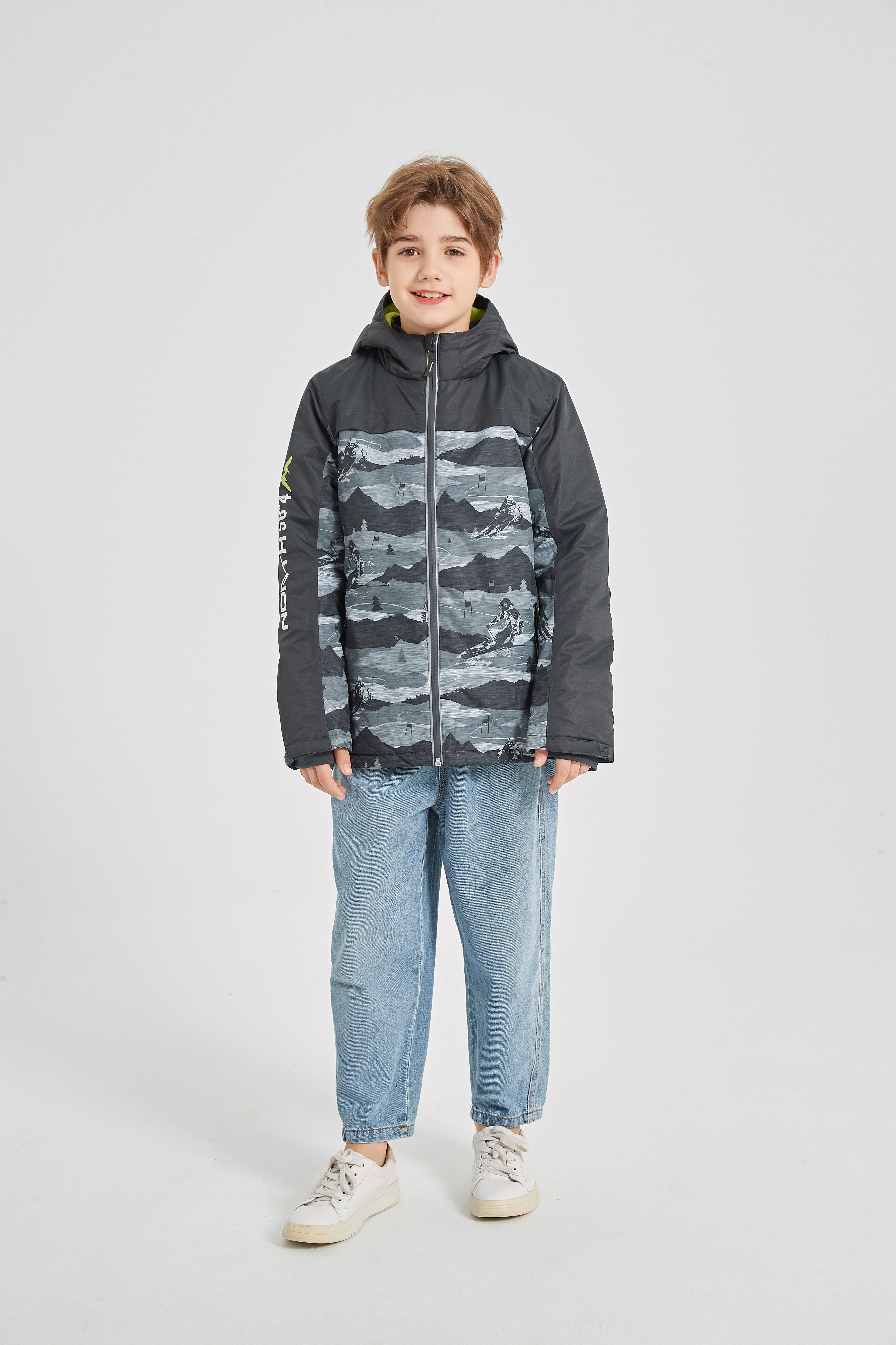 boys fashion snow mountain print windbreaker fleece lining hooded ski jacket long sleeve zip up waterproof coat kids professional ski equipment details 0