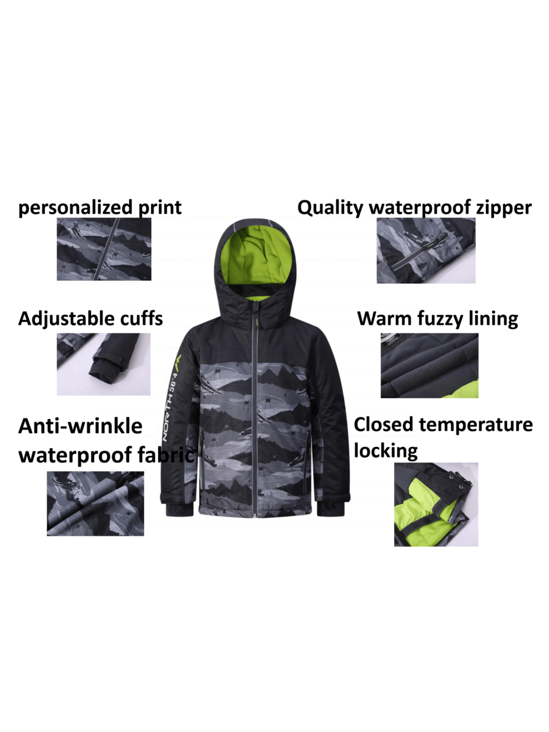 boys fashion snow mountain print windbreaker fleece lining hooded ski jacket long sleeve zip up waterproof coat kids professional ski equipment details 4