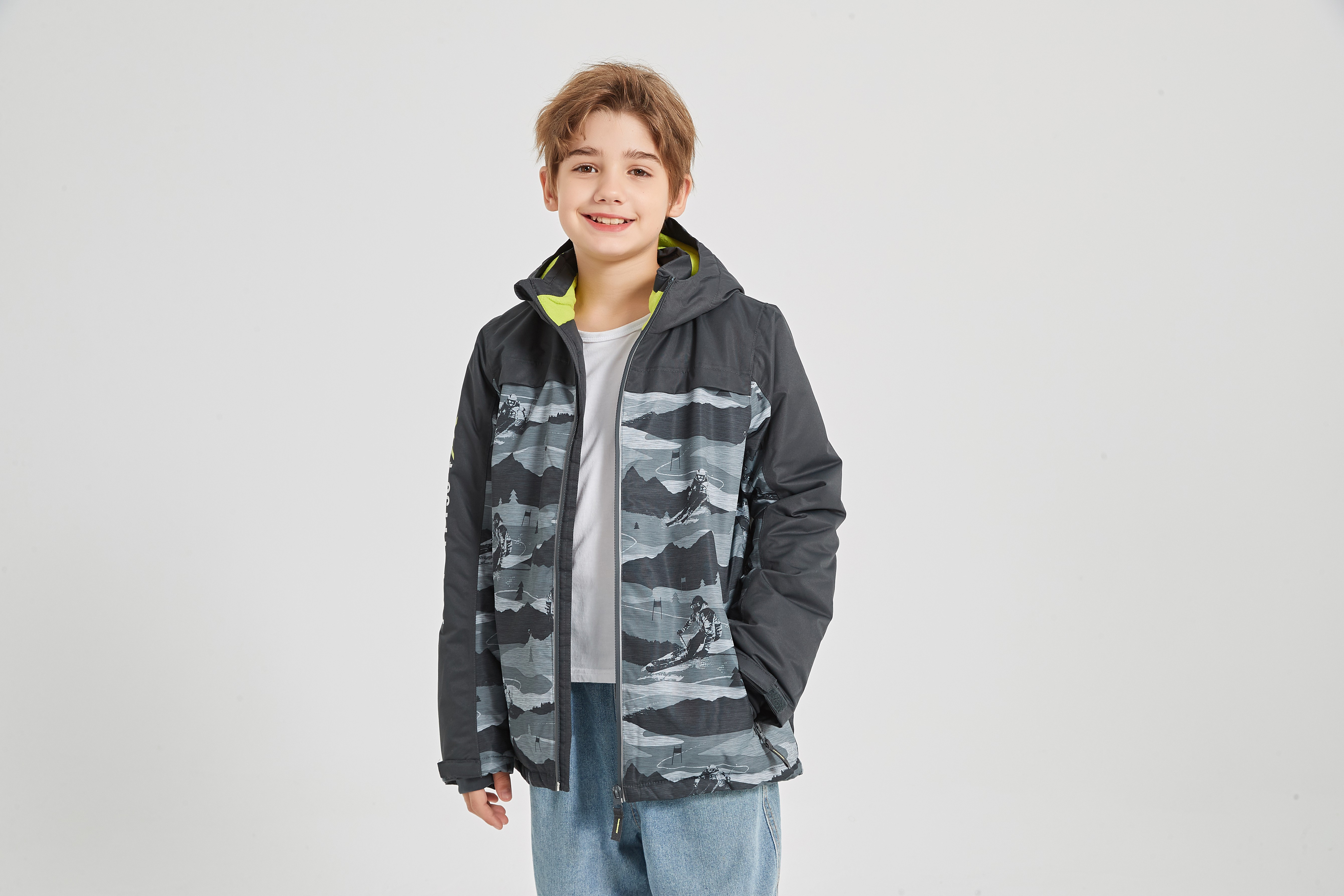 boys fashion snow mountain print windbreaker fleece lining hooded ski jacket long sleeve zip up waterproof coat kids professional ski equipment details 5