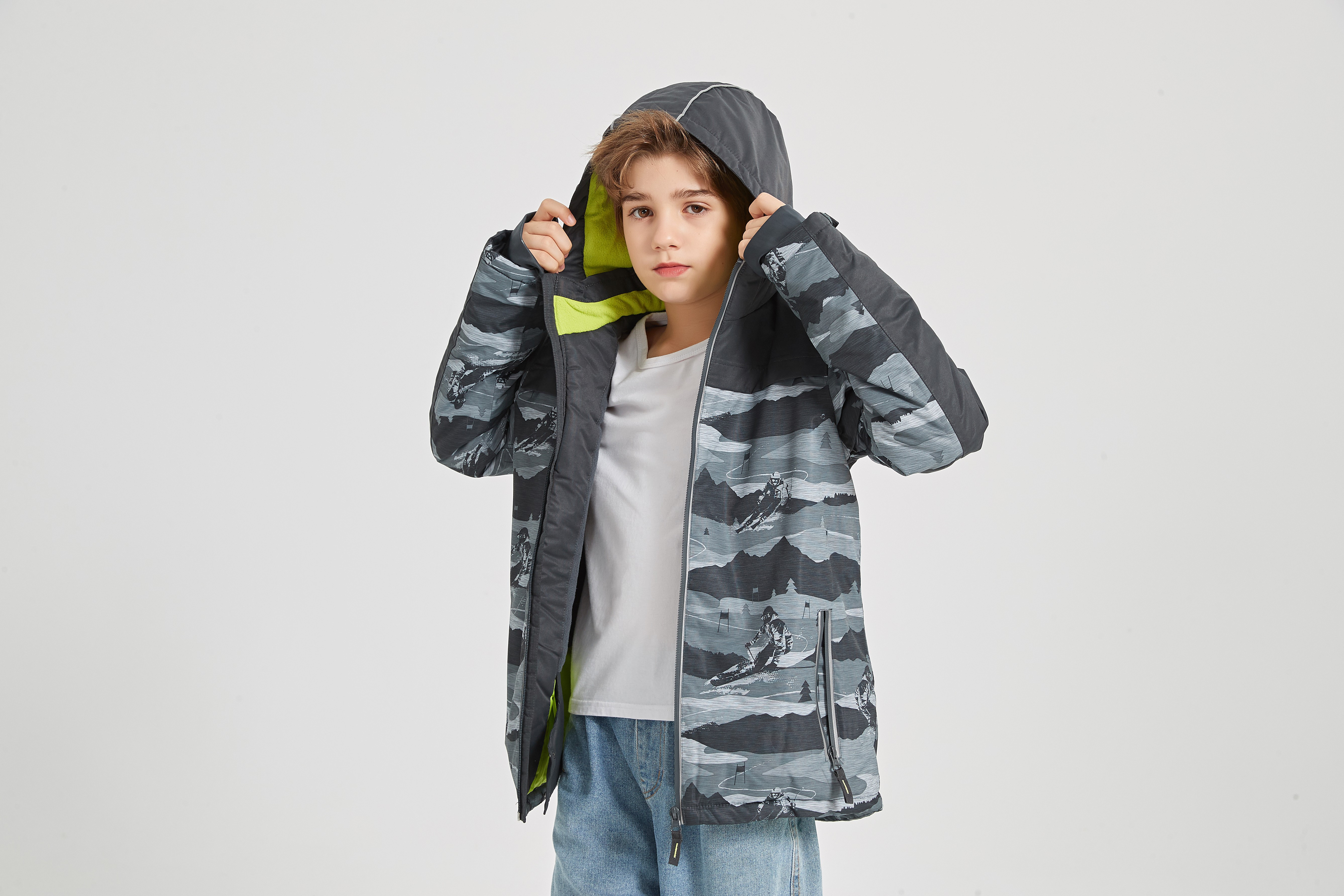 boys fashion snow mountain print windbreaker fleece lining hooded ski jacket long sleeve zip up waterproof coat kids professional ski equipment details 7