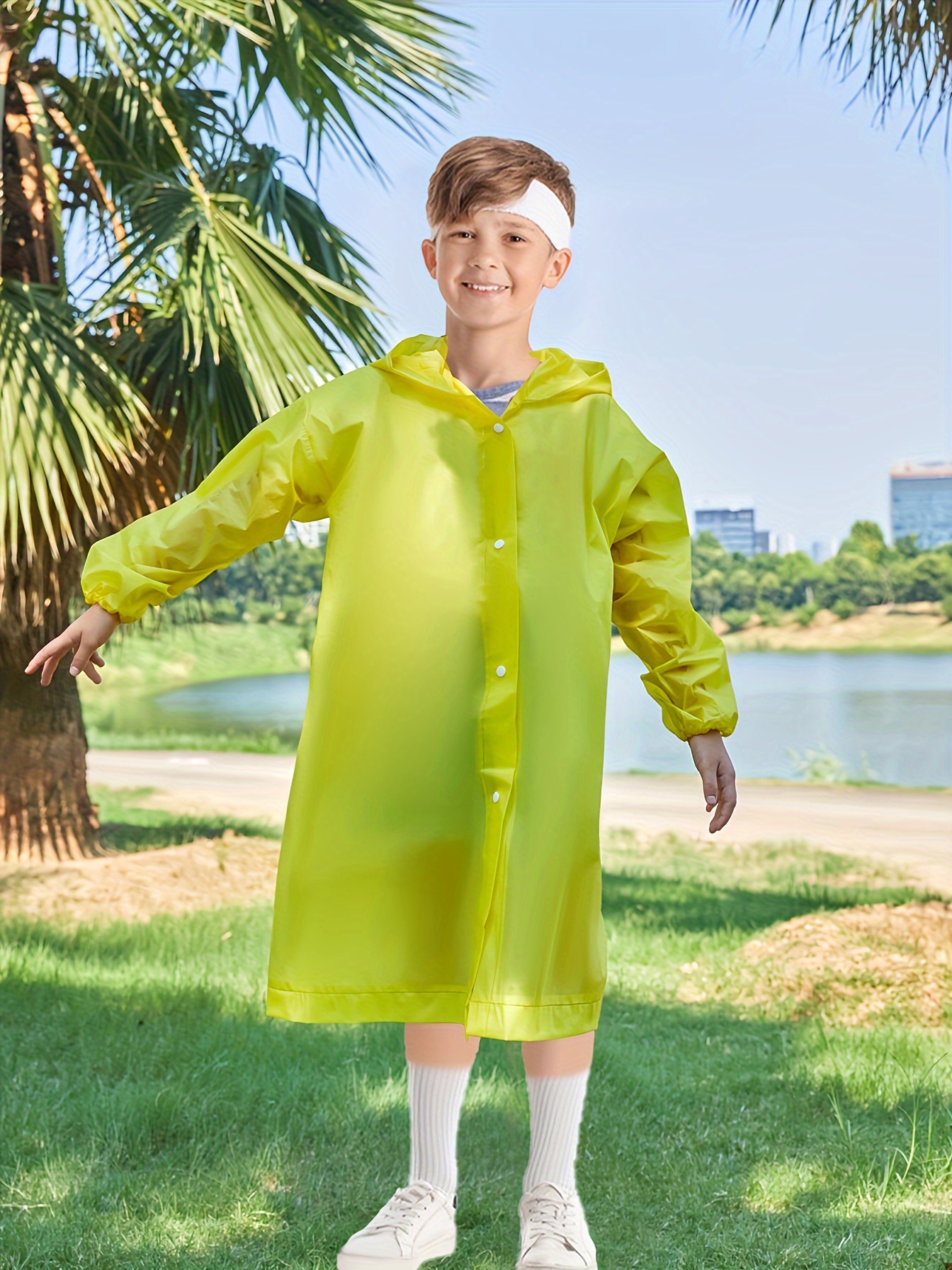 boys plain lightweight portable hooded raincoat reusable waterproof rain ponchos details 4