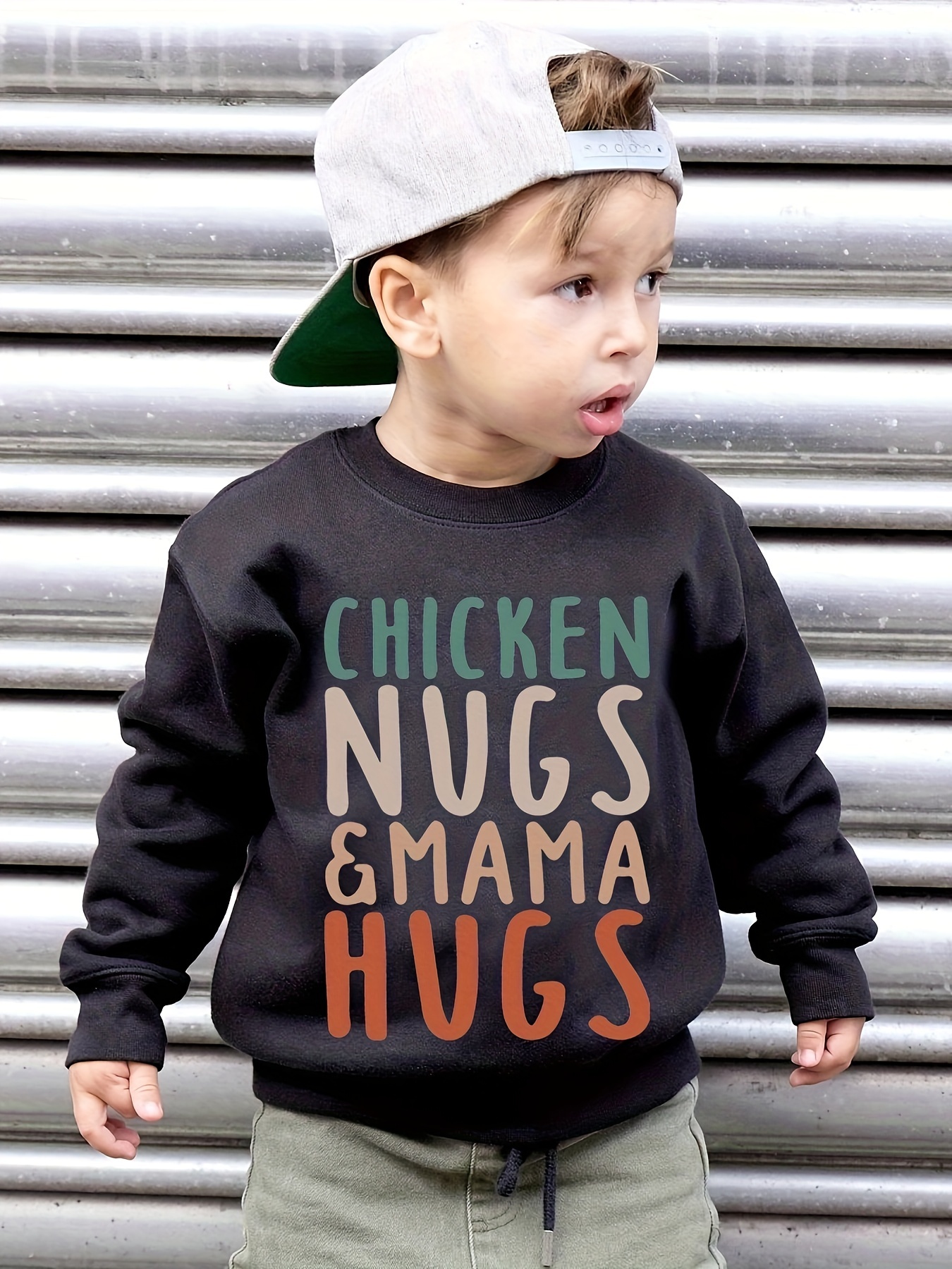 chicken nugs mama hugs letter graphic print boys warm fleece sweatshirt thick and cozy top for spring fall winter season details 0