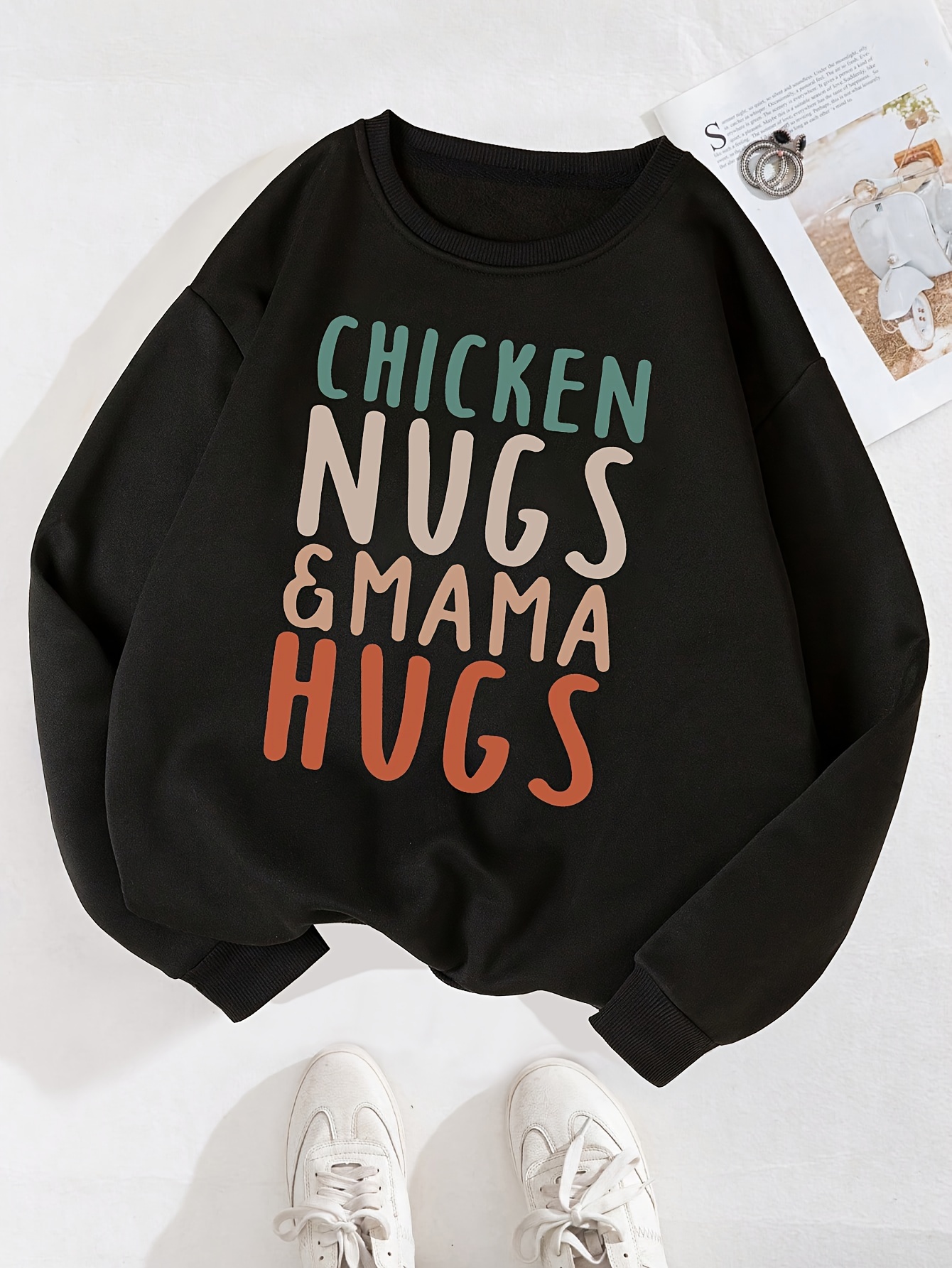 chicken nugs mama hugs letter graphic print boys warm fleece sweatshirt thick and cozy top for spring fall winter season details 1