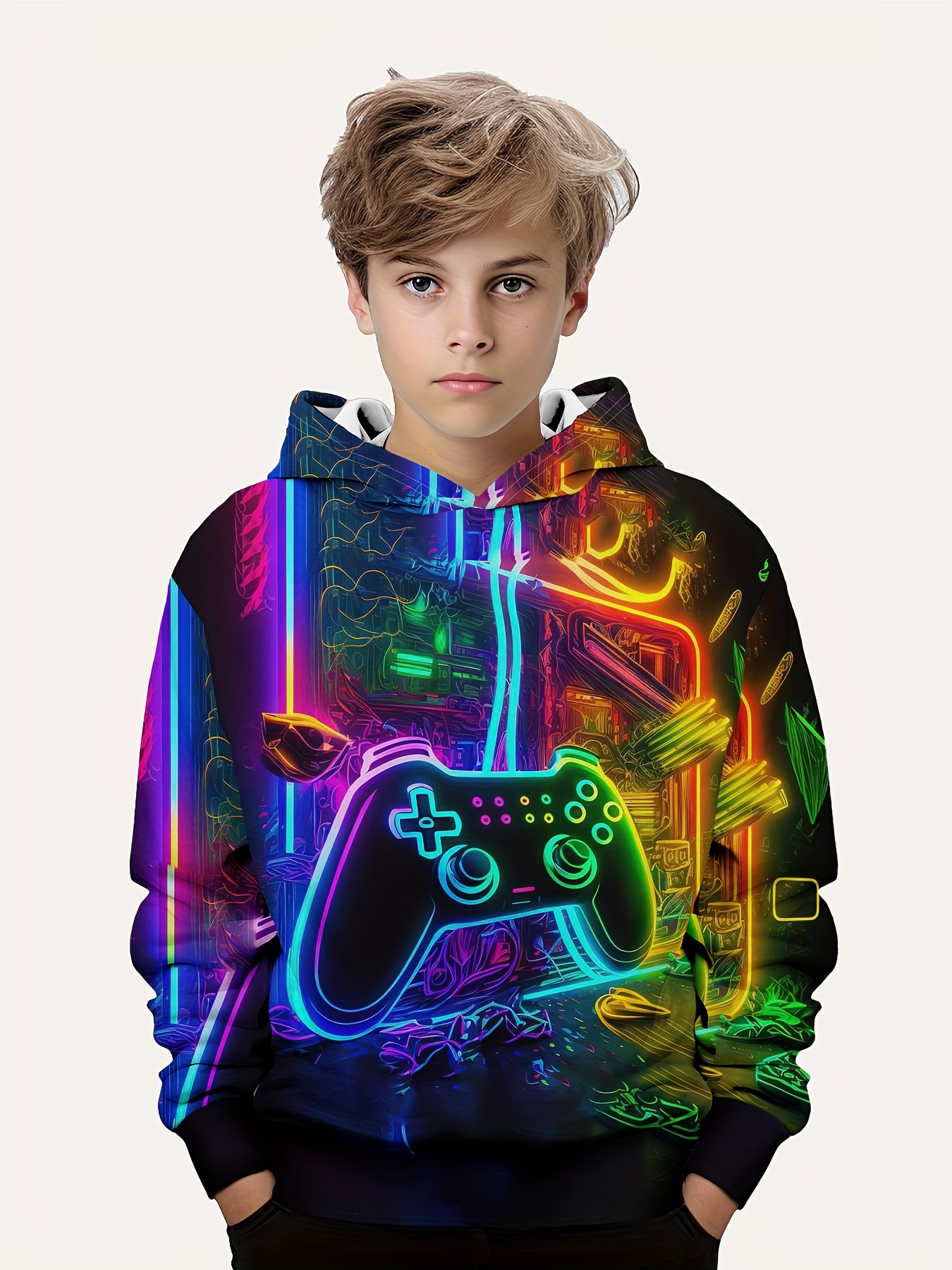 fashion colorful gamepad print cute cozy hoodie for kids boys keep him warm and stylish details 0