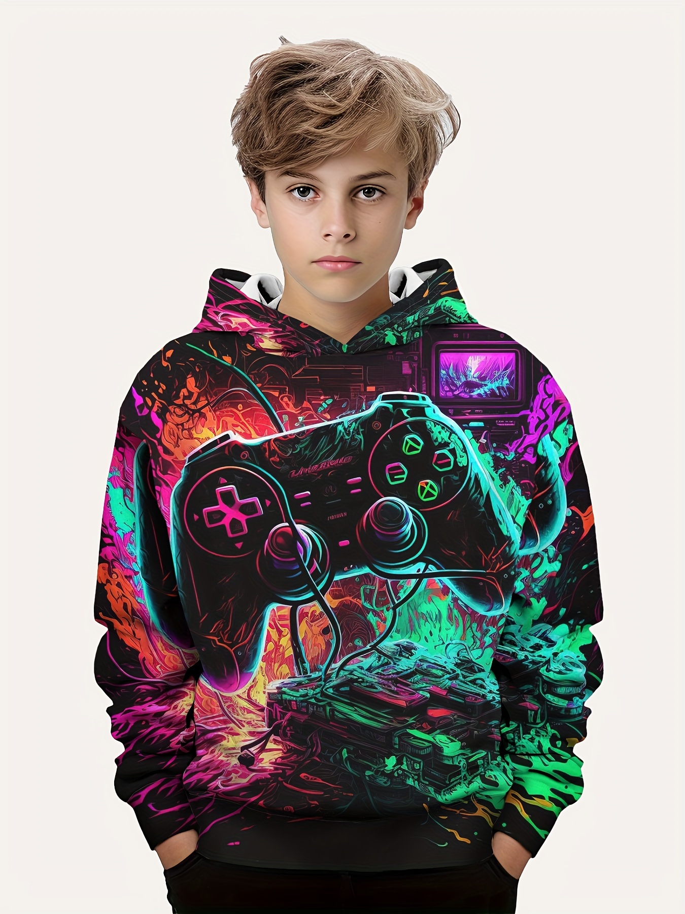 fashion colorful gamepad print cute cozy hoodie for kids boys keep him warm and stylish details 16